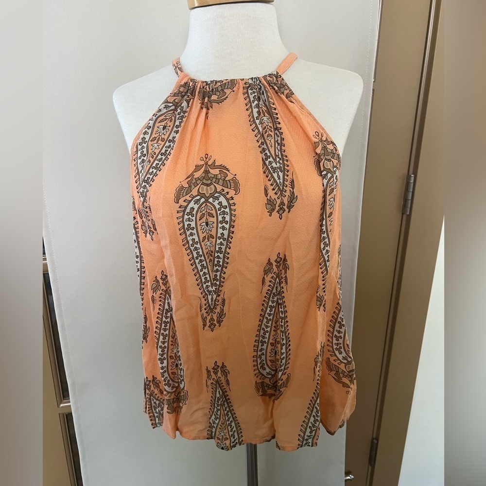Lucky Brand Womens‎ Small Peach Orange Paisley Print High Neck Tank Top